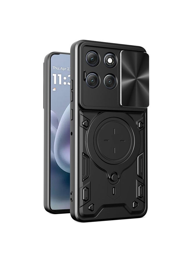 SanHu for Motorola G86 Power 5G Case, Slide Camera Lens Cover, Magnetic Ring Holder Kickstand Protective Phone Case for Motorola G86 Power 5G, Black