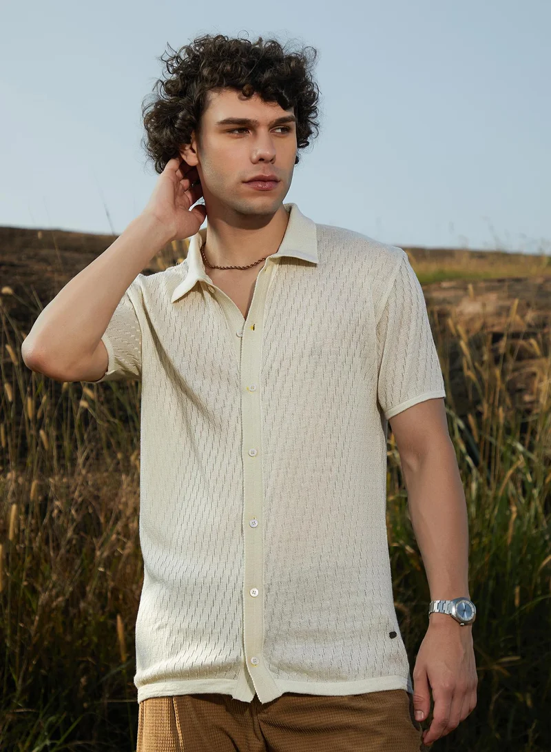 Campus Sutra Men's Off-White Rhombus-Knit Polo Shirt