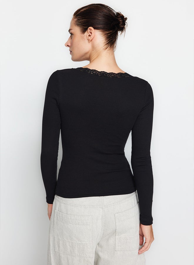 trendyol Flexible BodySitting Black Lace Detailed Cotton Blouse - Image 5