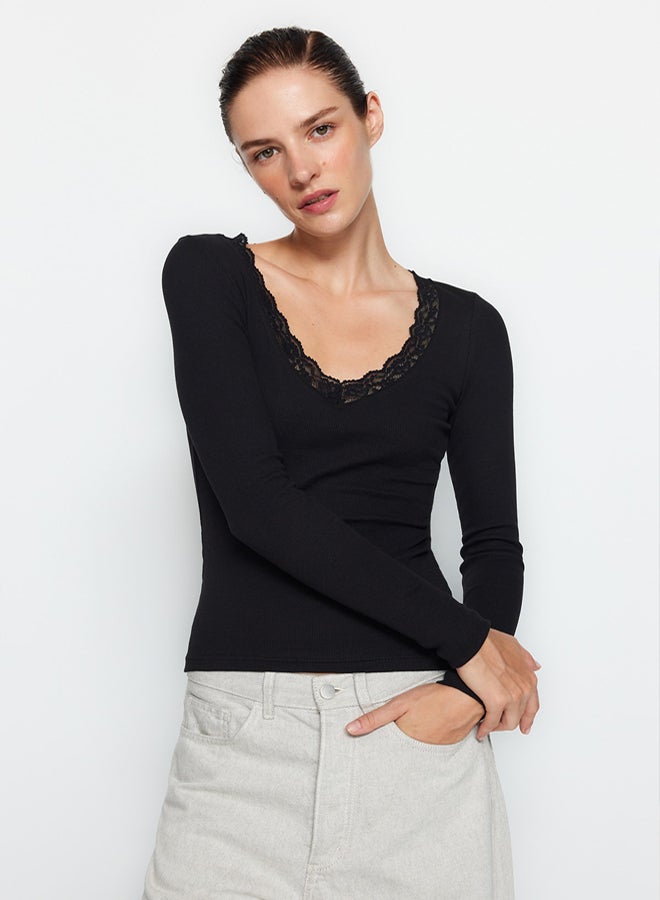 trendyol Flexible BodySitting Black Lace Detailed Cotton Blouse - Image 1