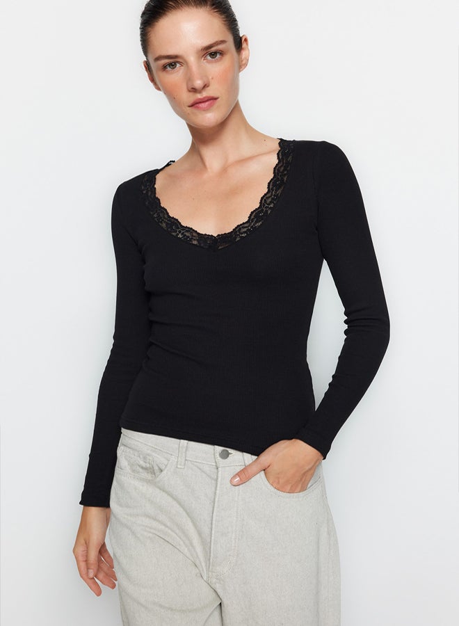 trendyol Flexible BodySitting Black Lace Detailed Cotton Blouse - Image 2