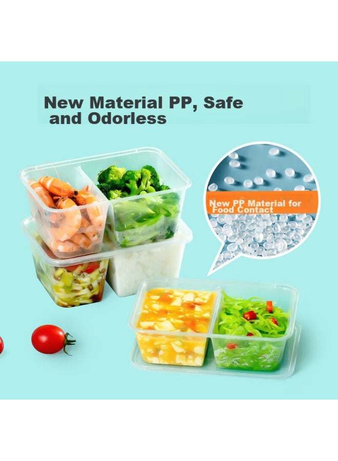 Temeiju Disposable Transparent Plastic Two-compartment Lunch Boxes, Thickened With Lids, Takeout Containers, Tableware, 50 Sets, 1000 Model, Microwave Safe - Image 1