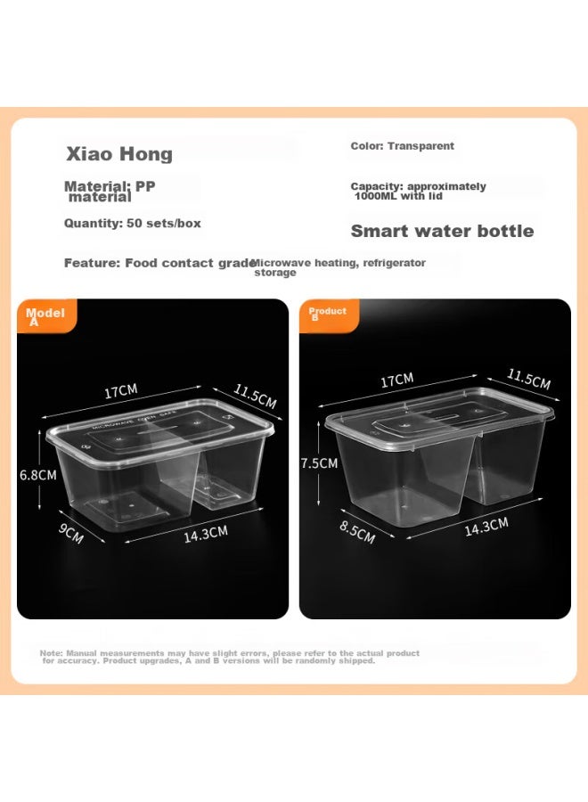 Temeiju Disposable Transparent Plastic Two-compartment Lunch Boxes, Thickened With Lids, Takeout Containers, Tableware, 50 Sets, 1000 Model, Microwave Safe - Image 2