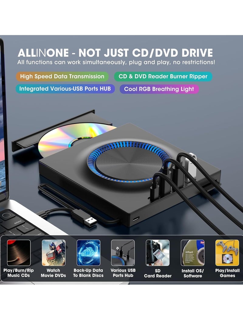 External DVD drive, CD burner, DVD player with USB 3.0 and USB-C hubs and SD card reader, portable DVD, CD ROM +/-RW drive, portable CD drive for laptops and Macs - Image 2