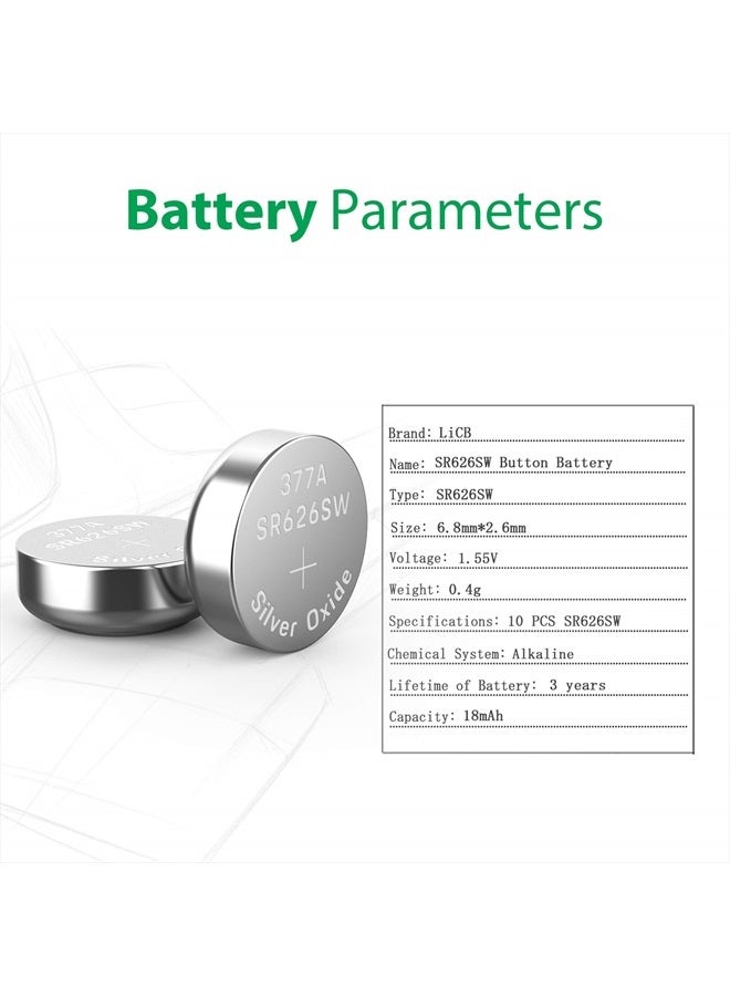 LiCB 10 Pack SR626SW 377 Watch Battery,Long-Lasting & Leak-Proof,High Capacity Silver Oxide 1.55V Button Cell Batteries for Watch  - Image 2