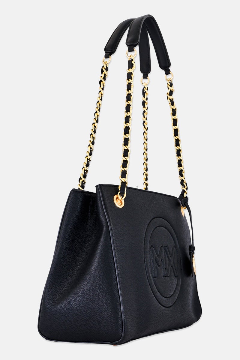 Max Studio Women Signature Emblem Pebble Grain Tote Bag, Black - Image 3