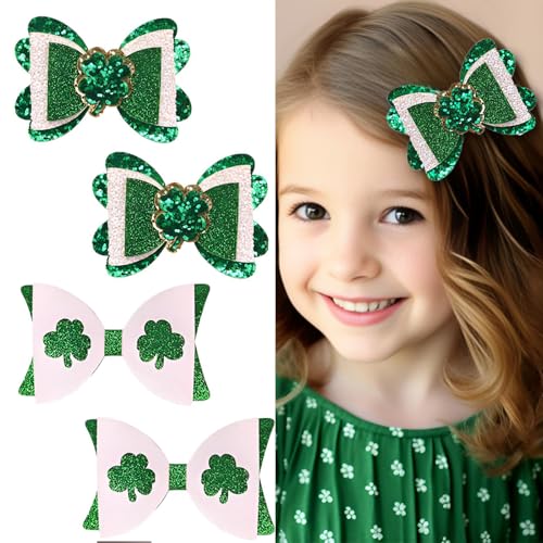 winthrop 4 Pcs St Patricks Day Hair Clips Bow Hair Accessories Cute Clover Pattern Glitter Sparkly Hair Barrettes Holiday Headdress Hairpin for Girls Women Kids Party Cosplay Prezzie - Image 1