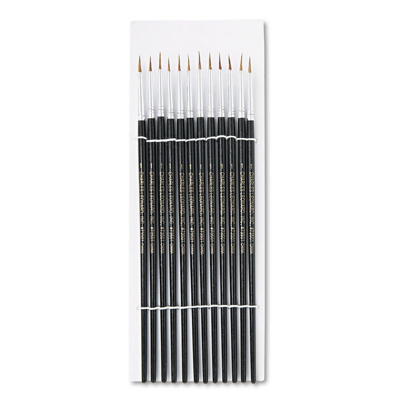 Charles Leonard Water Color Paint Brushes with Round Pointed Tip, # 1, 0.38 Inch, Camel Hair, Black Handle, 12-Pack (73501)
