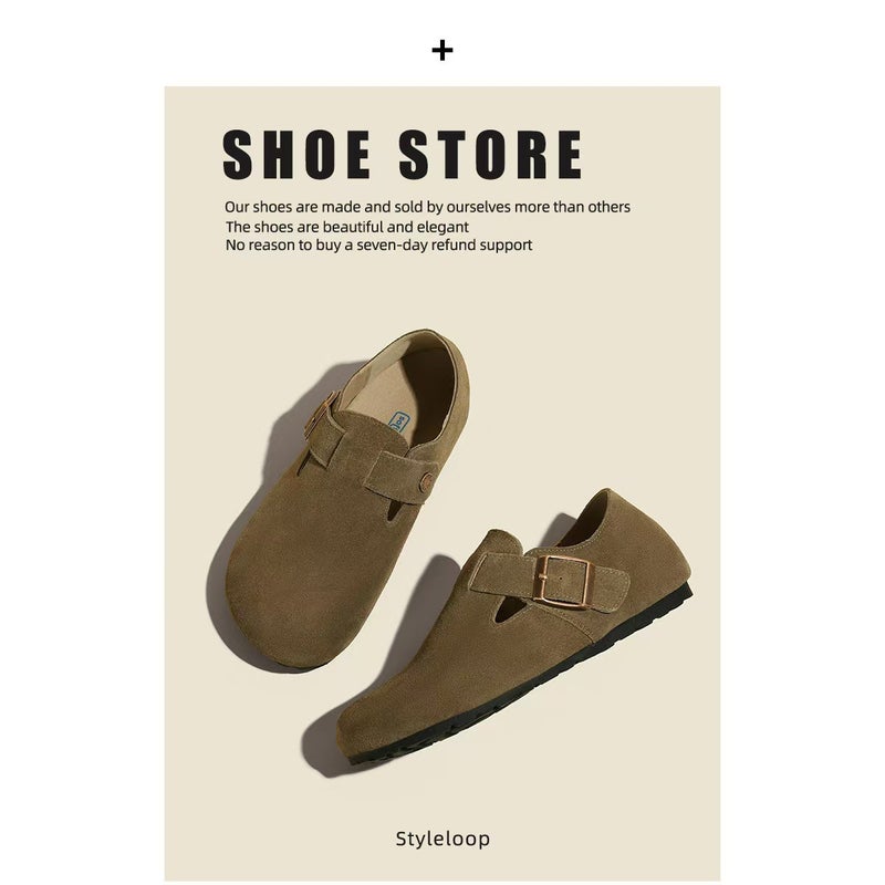 Baotou Half-Slip Birkenstock Shoes For Women, New Style, Vintage Leather Mules, Flat Casual Genuine Leather Ugly-Cute Birkenstock Shoes - Image 1