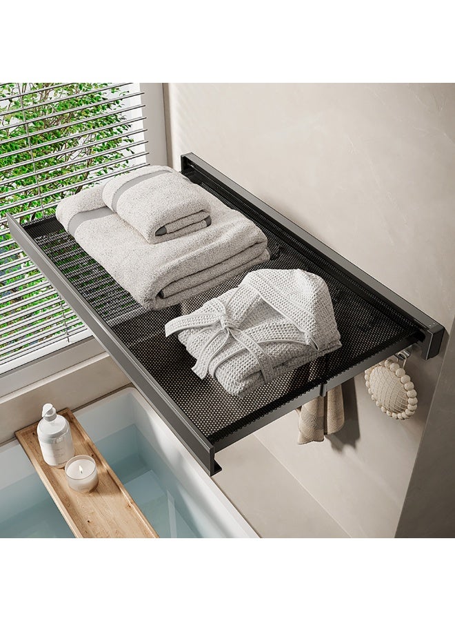 Wall Mounted Flat Clothes Drying Rack, 60x37.5cm Foldable Clothes Drying Rack with Collapsible Net and 8 Hooks, Telescopic Invisible Laundry Rack for Bathroom, Balcony, Laundry Room, LSW0301 (Black)  - Image 4