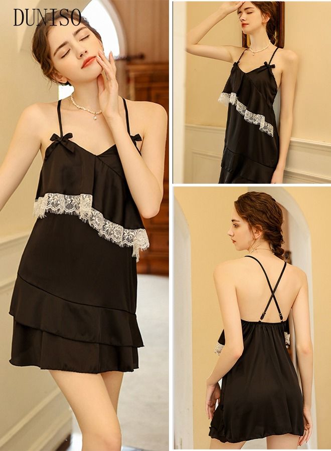 DUNISO Women's Sleeveless Lace Trim Nightgown Camisole Sleep Dress Built in Bra Removable Pads Nightwear Softable Silk V-Neck Pajama Dress For Ladies - Image 1