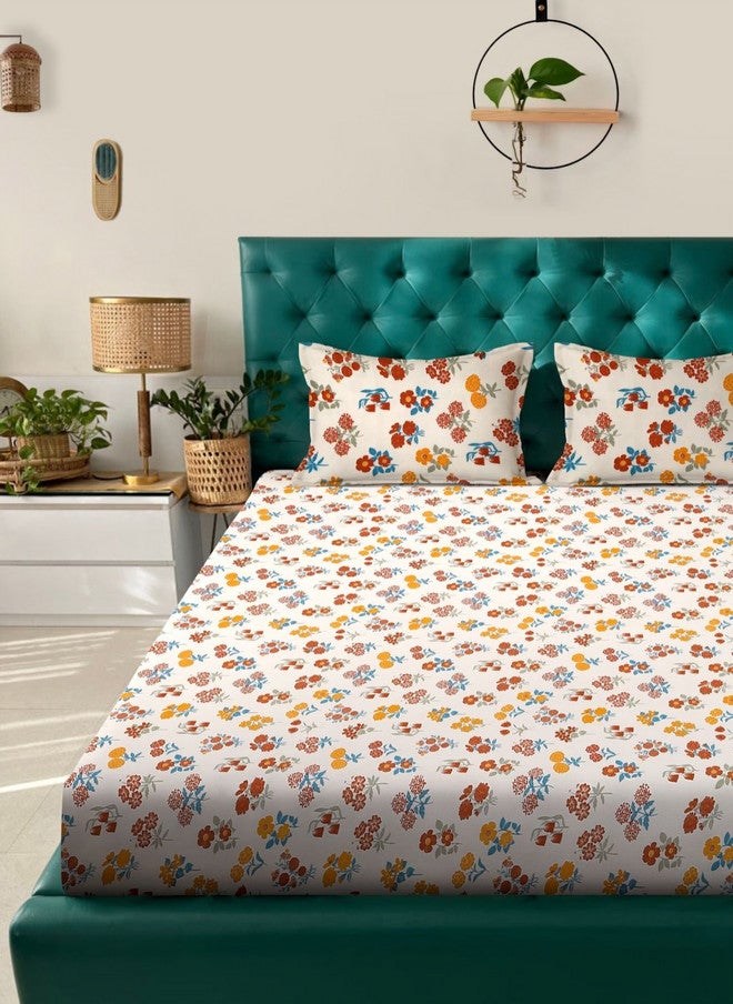 Arrabi Cream Floral Polycotton 300 TC King Fine Bedsheet with 2 Pillow Covers - 106 x 102 inches - Image 2
