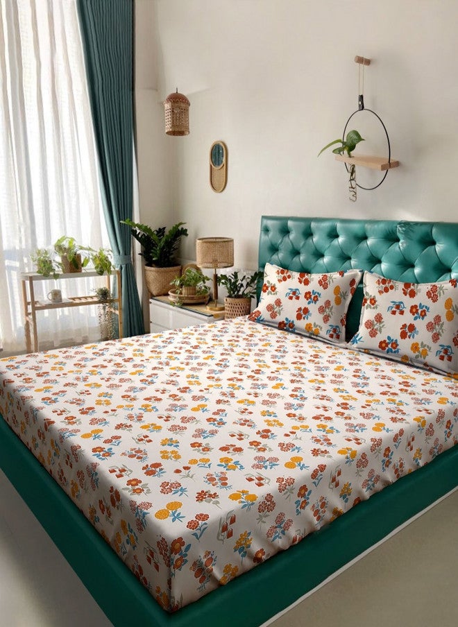 Arrabi Cream Floral Polycotton 300 TC King Fine Bedsheet with 2 Pillow Covers - 106 x 102 inches - Image 1