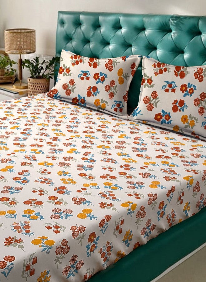 Arrabi Cream Floral Polycotton 300 TC King Fine Bedsheet with 2 Pillow Covers - 106 x 102 inches - Image 3
