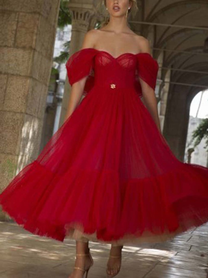 2021 spring and summer cross-border Amazon new European and American womens lace long sleeve tube top solid color chiffon summer dress Red