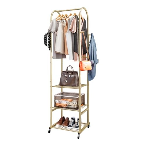 SUOERNUO Clothes Rack With Wheels and 3-Tier Metal Shelves,Clothing Rack For Hanging Clothes With 4 Hooks,Garment Rack Wardrobe Organizer for Small Space,Black (gold, 16.54 * 18.23 * 72.05) - Image 1