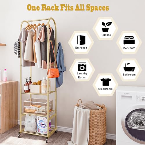SUOERNUO Clothes Rack With Wheels and 3-Tier Metal Shelves,Clothing Rack For Hanging Clothes With 4 Hooks,Garment Rack Wardrobe Organizer for Small Space,Black (gold, 16.54 * 18.23 * 72.05) - Image 5
