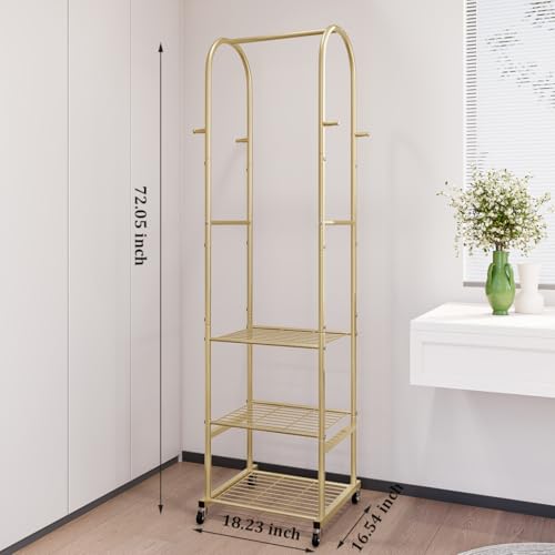 SUOERNUO Clothes Rack With Wheels and 3-Tier Metal Shelves,Clothing Rack For Hanging Clothes With 4 Hooks,Garment Rack Wardrobe Organizer for Small Space,Black (gold, 16.54 * 18.23 * 72.05) - Image 2