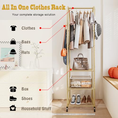 SUOERNUO Clothes Rack With Wheels and 3-Tier Metal Shelves,Clothing Rack For Hanging Clothes With 4 Hooks,Garment Rack Wardrobe Organizer for Small Space,Black (gold, 16.54 * 18.23 * 72.05) - Image 4