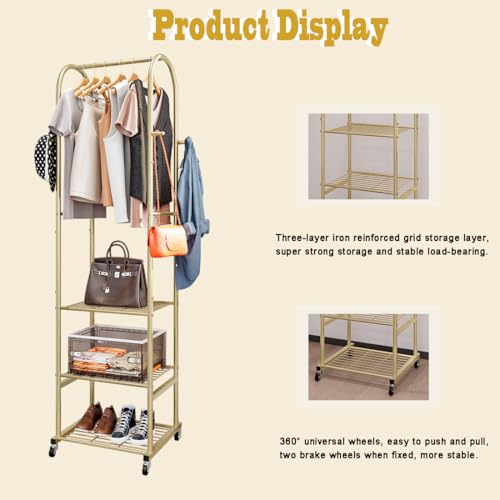 SUOERNUO Clothes Rack With Wheels and 3-Tier Metal Shelves,Clothing Rack For Hanging Clothes With 4 Hooks,Garment Rack Wardrobe Organizer for Small Space,Black (gold, 16.54 * 18.23 * 72.05) - Image 3