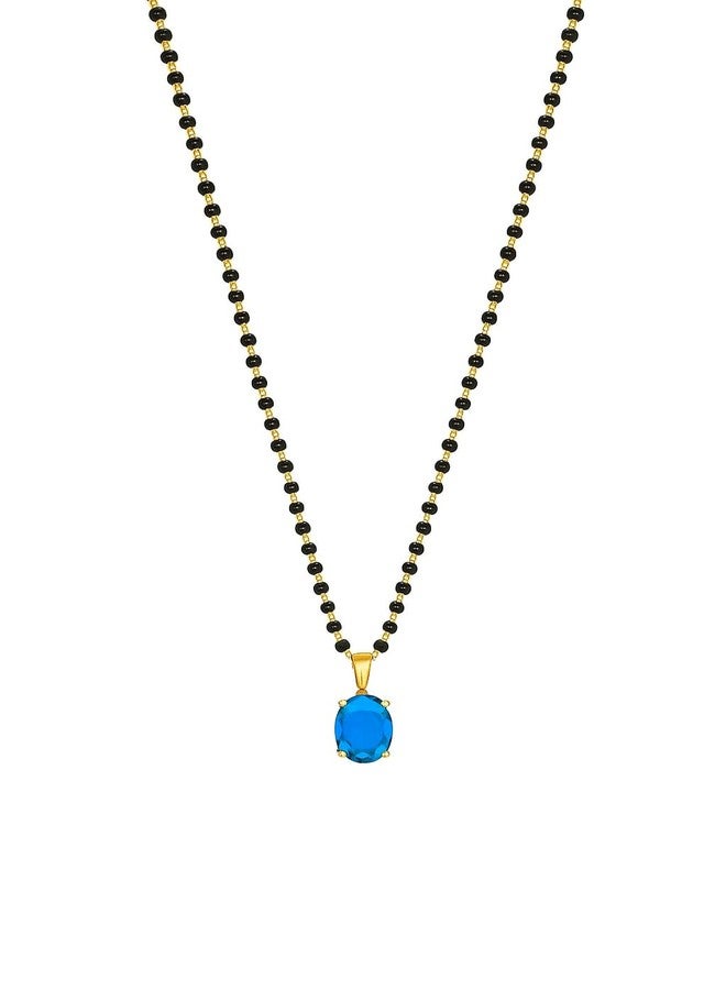 sweeply Elegant Black Bead Mangalsutra with Gold-Plated Chain & Blue Crystal Pendant for Women - Image 1