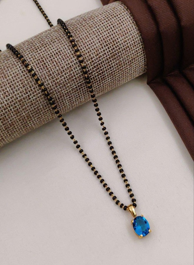sweeply Elegant Black Bead Mangalsutra with Gold-Plated Chain & Blue Crystal Pendant for Women - Image 2