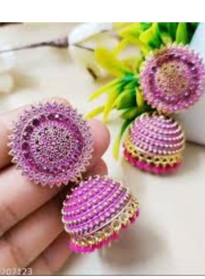 Bollywood Style Pink Oxidized Earrings Jhumkas Indian Wedding Party Wear Jewellery - Image 1
