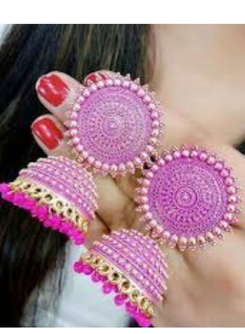 Bollywood Style Pink Oxidized Earrings Jhumkas Indian Wedding Party Wear Jewellery - Image 3