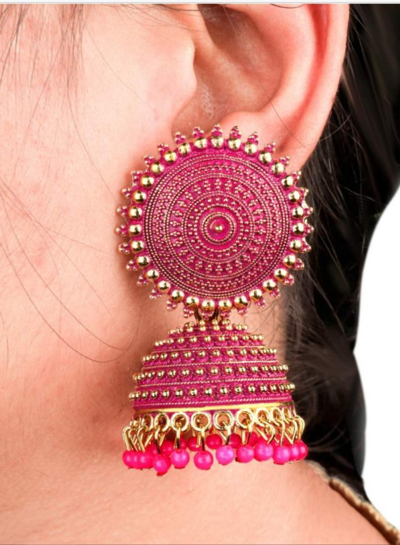 Bollywood Style Pink Oxidized Earrings Jhumkas Indian Wedding Party Wear Jewellery - Image 4