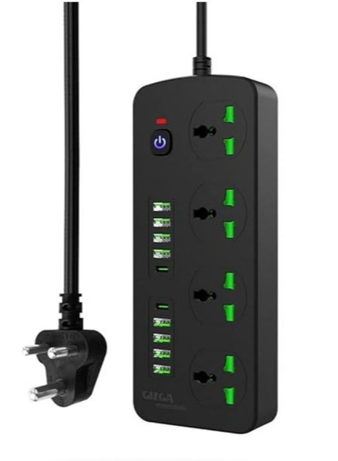 ELTRAZONE Gizga Essentials Power Extension Board 8 USB 4.2A Ports, 2 PD 20W Ports, 4 Universal Thermal Trip Electrical Multi Plug Sockets, Surge Protection, Spike Guard, 3000W 16A, Flame Proof, 2m Cord Length  - Image 1