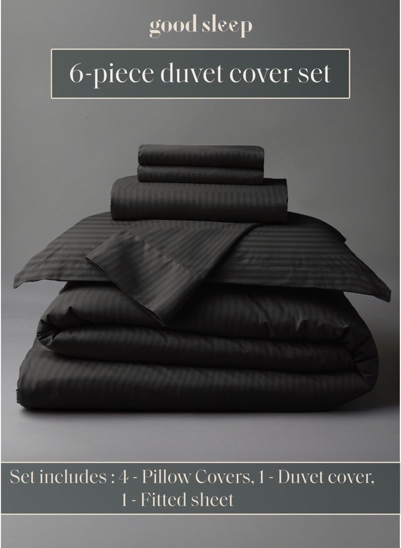 Good Sleep Premium Striped Duvet Set – 6-Piece Black | Queen Size 200x160 cm | Ultra-Soft, Wrinkle-Resistant & Made in Dubai | Includes Duvet Cover, Fitted Sheet & 4 Pillowcases - Image 1
