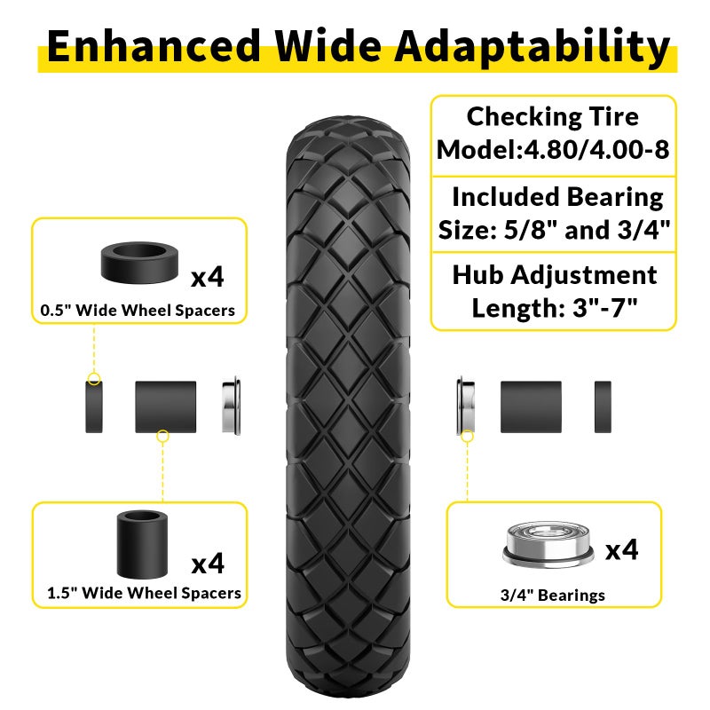 RONPOW 4.80/4.00-8 Flat Free Wheelbarrow Tire and Wheel, 16" Solid Puncture Proof Replacement Tires with 5/8" & 3/4" Bearings, 400Lbs Load, Universal Fit for Garden, Farm & Construction, 2Pack Black - Image 4