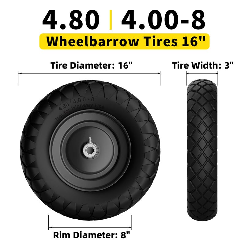 RONPOW 4.80/4.00-8 Flat Free Wheelbarrow Tire and Wheel, 16" Solid Puncture Proof Replacement Tires with 5/8" & 3/4" Bearings, 400Lbs Load, Universal Fit for Garden, Farm & Construction, 2Pack Black - Image 3