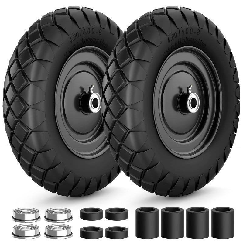 RONPOW 4.80/4.00-8 Flat Free Wheelbarrow Tire and Wheel, 16" Solid Puncture Proof Replacement Tires with 5/8" & 3/4" Bearings, 400Lbs Load, Universal Fit for Garden, Farm & Construction, 2Pack Black - Image 1