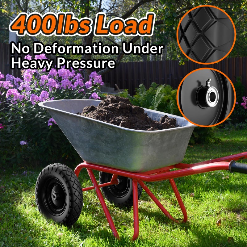 RONPOW 4.80/4.00-8 Flat Free Wheelbarrow Tire and Wheel, 16" Solid Puncture Proof Replacement Tires with 5/8" & 3/4" Bearings, 400Lbs Load, Universal Fit for Garden, Farm & Construction, 2Pack Black - Image 2