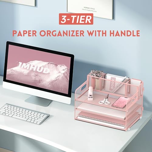 JMHUD 3 Tier Paper Letter Tray Organizer with Pen Holder for Desk Black Metal Mesh Desk File Folder Sorter Organizer with Handle and Sliding Tray for Home Office School Supplies OrganizationPink - Image 3