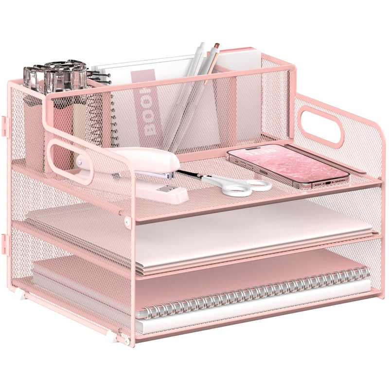 JMHUD 3 Tier Paper Letter Tray Organizer with Pen Holder for Desk Black Metal Mesh Desk File Folder Sorter Organizer with Handle and Sliding Tray for Home Office School Supplies OrganizationPink - Image 2