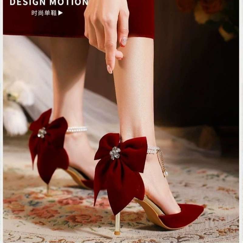 Red Xiuhe Wedding Shoes Stiletto Pointed Toe High Heels For Women Style Bow Pearl Non-Tiring Bridal Shoes - Image 3