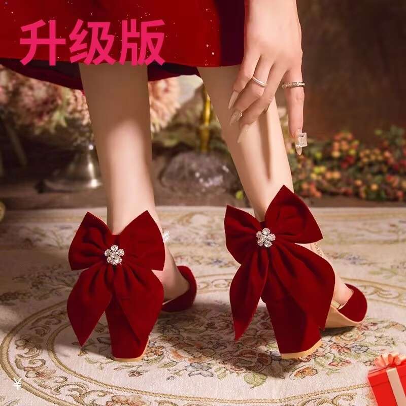 Red Xiuhe Wedding Shoes Stiletto Pointed Toe High Heels For Women Style Bow Pearl Non-Tiring Bridal Shoes - Image 1