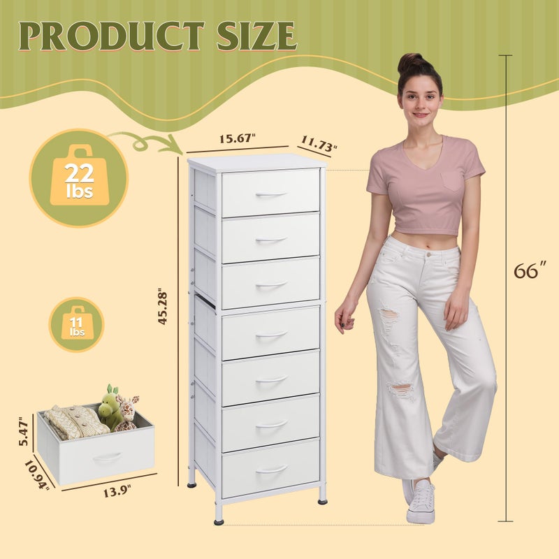 WLIVE White Tall Dresser for Bedroom, 7 Drawer Dressers & Chests of Drawers, Fabric Dresser for Closet, Living Room, Night Stand with Metal Frame, Storage Tower with Fabric Bins, Wood Top - Image 5