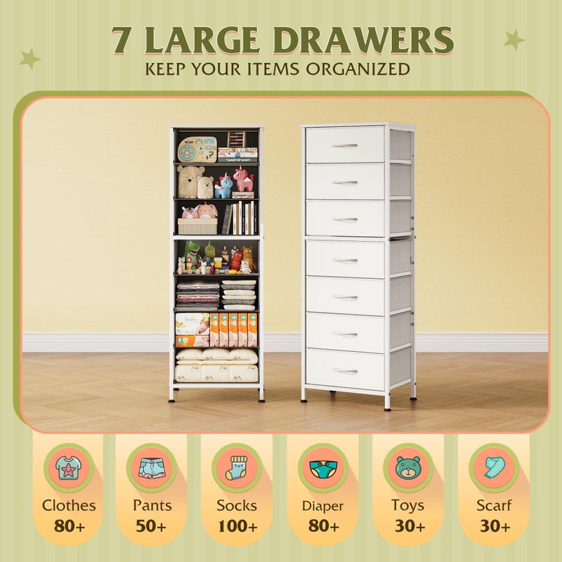 WLIVE White Tall Dresser for Bedroom, 7 Drawer Dressers & Chests of Drawers, Fabric Dresser for Closet, Living Room, Night Stand with Metal Frame, Storage Tower with Fabric Bins, Wood Top - Image 4