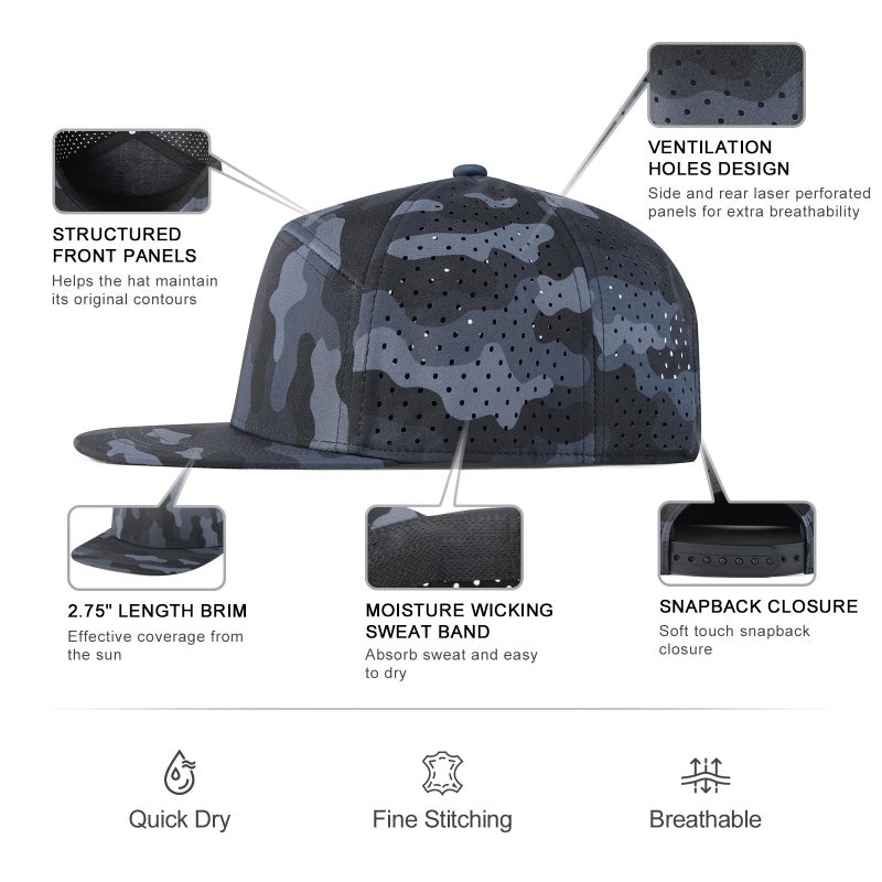 FEINION Men Flat Brim Adjustable Performance Hat Snapback Laser Perforated Baseball Cap (Grey Camouflage) - Image 3