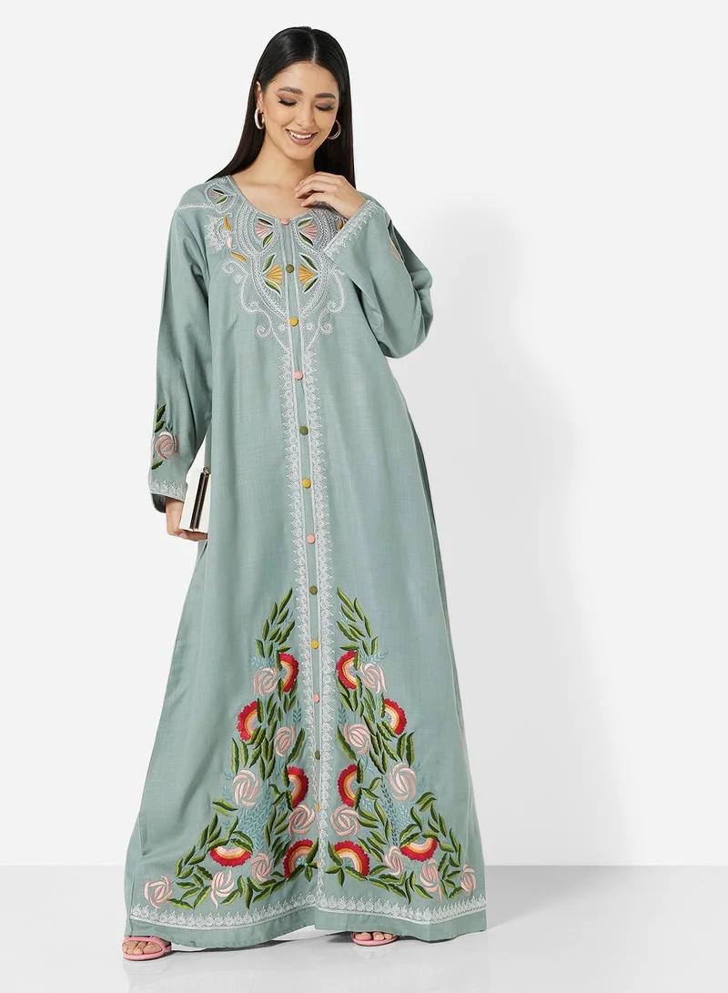 HANA & SARA HIGH QUALITY SLUB RAYON JALBIYA WITH MULTICOLOR THICK MOROCAN THREAD EMBROIDERY