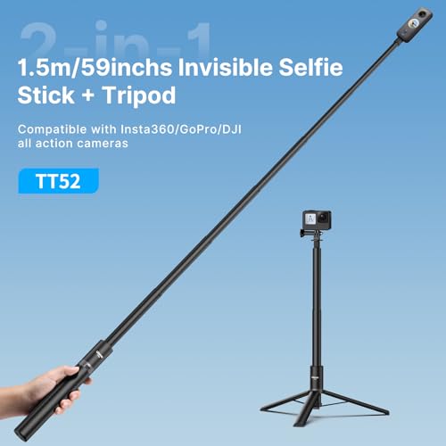 jusmo 59in Invisible Selfie Stick Tripod for Insta360 X5/X4/X3/ONE X2/GO 3s/DJI Osmo 360, ULANZI TT52 Extension Pole Adjustable Waterproof Handle Grip for GoPro, DJI Osmo Pocket 3 Action 5 Pro/4 - Image 2