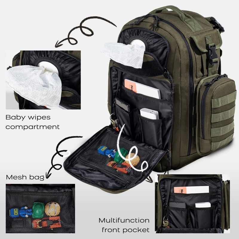 Dinictis Dad Diaper Bag, Mens Diaper Bag Backpack with Diaper Changing Mat, Military Diaper Backpack with Molle Webbing, Waterproof Pouch, Baby Wipes pocket, Insulated Bottle Pockets- Jungle Green - Image 3