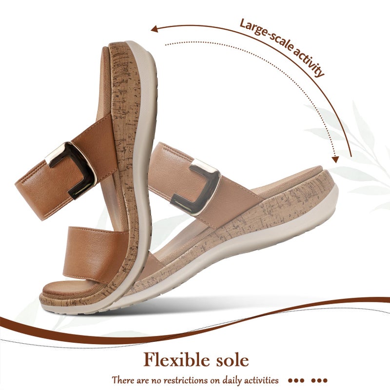 Littleplum Women Slides Sandals Arch Support Open Toe Slip on Sandals Soft Cushion Slippers Comfy Casual Summer Shoes for Walking Beach Travel Brown Size 9 - Image 5