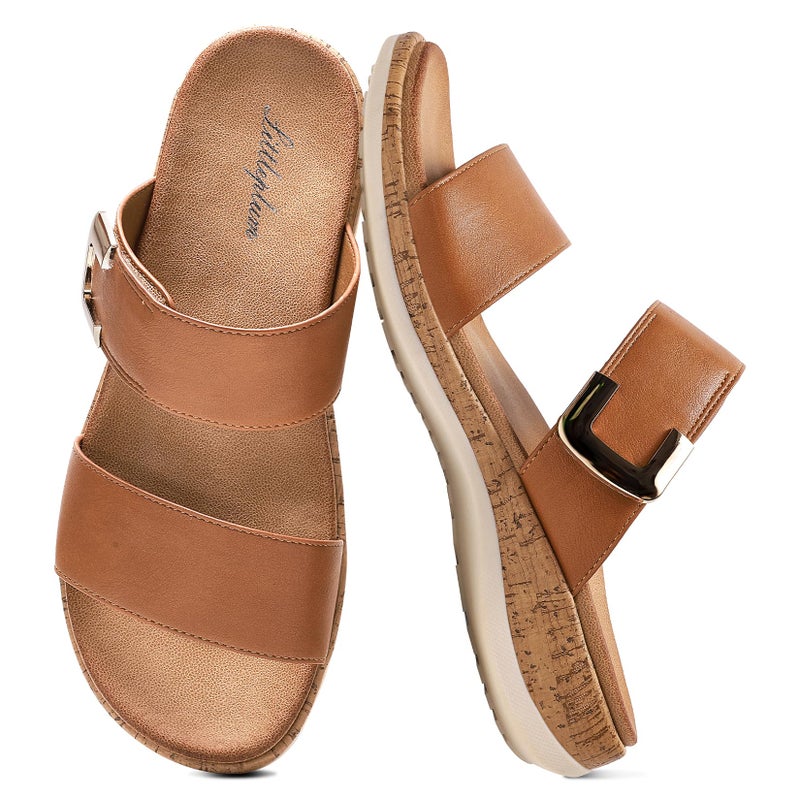 Littleplum Women Slides Sandals Arch Support Open Toe Slip on Sandals Soft Cushion Slippers Comfy Casual Summer Shoes for Walking Beach Travel Brown Size 9 - Image 1