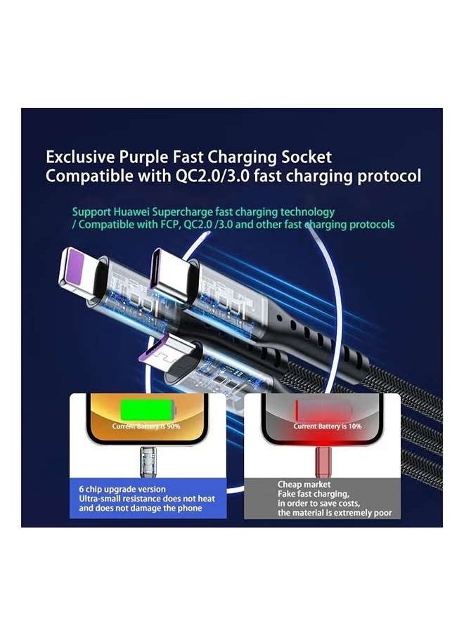 Aspor - 3 in 1 Multi Charging Cable, Nylon Braided USB to Lightning & USB-C Multi Charger Cord for Multiple Devices Apple & Android Fast Charger Cable for iPhone 14/13/12/11/8/iPad Pro, Samsung Series ，1.2M ，Black - Image 1