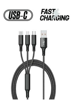 3 in 1 Multi Charging Cable, Nylon Braided USB to Lightning & USB-C Multi Charger Cord for Multiple Devices Apple & Android Fast Charger Cable for iPhone 14/13/12/11/8/iPad Pro, Samsung Series ，1.2M ，Black