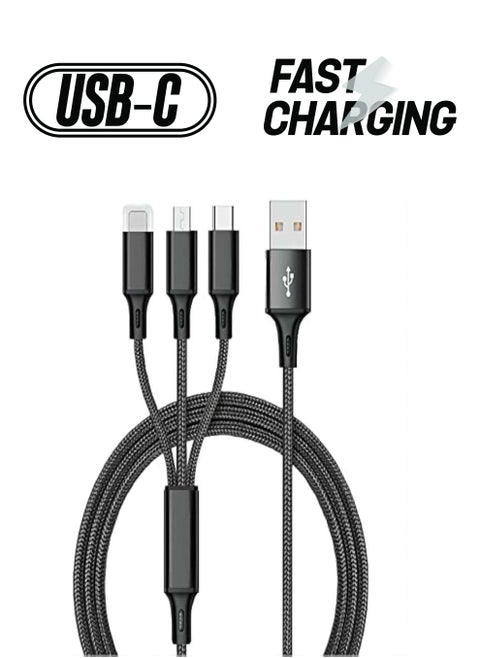 3 in 1 Multi Charging Cable, Nylon Braided USB to Lightning & USB-C Multi Charger Cord for Multiple Devices Apple & Android Fast Charger Cable for iPhone 14/13/12/11/8/iPad Pro, Samsung Series ，1.2M ，Black